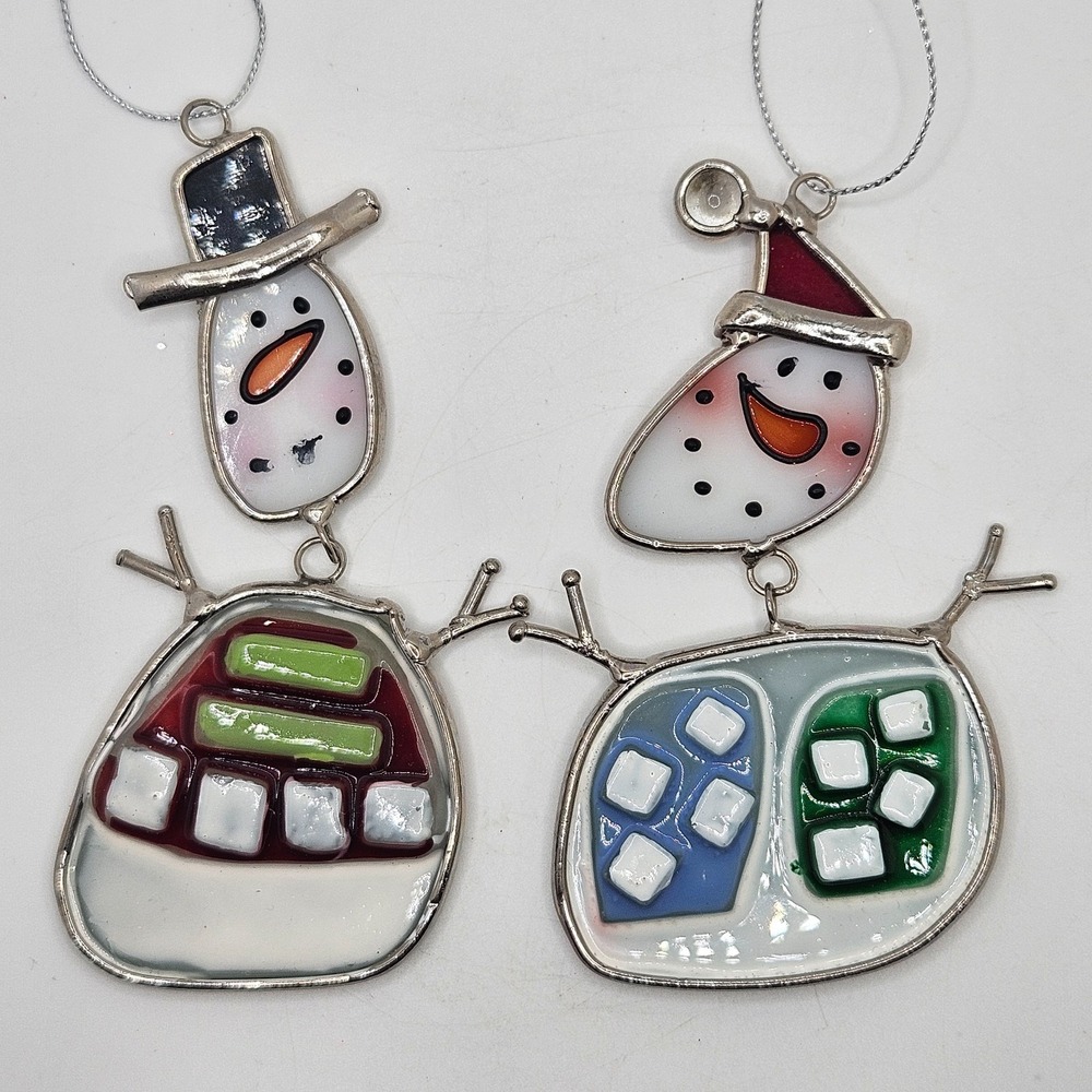 Vintage Stained Glass Snowman Ornament Pair Christmas Suncatcher Metal Frame